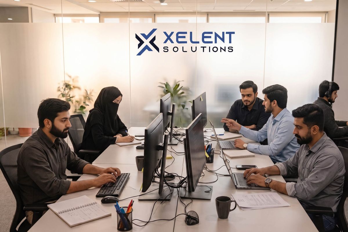 The Xelent team working together in the Faisalabad office