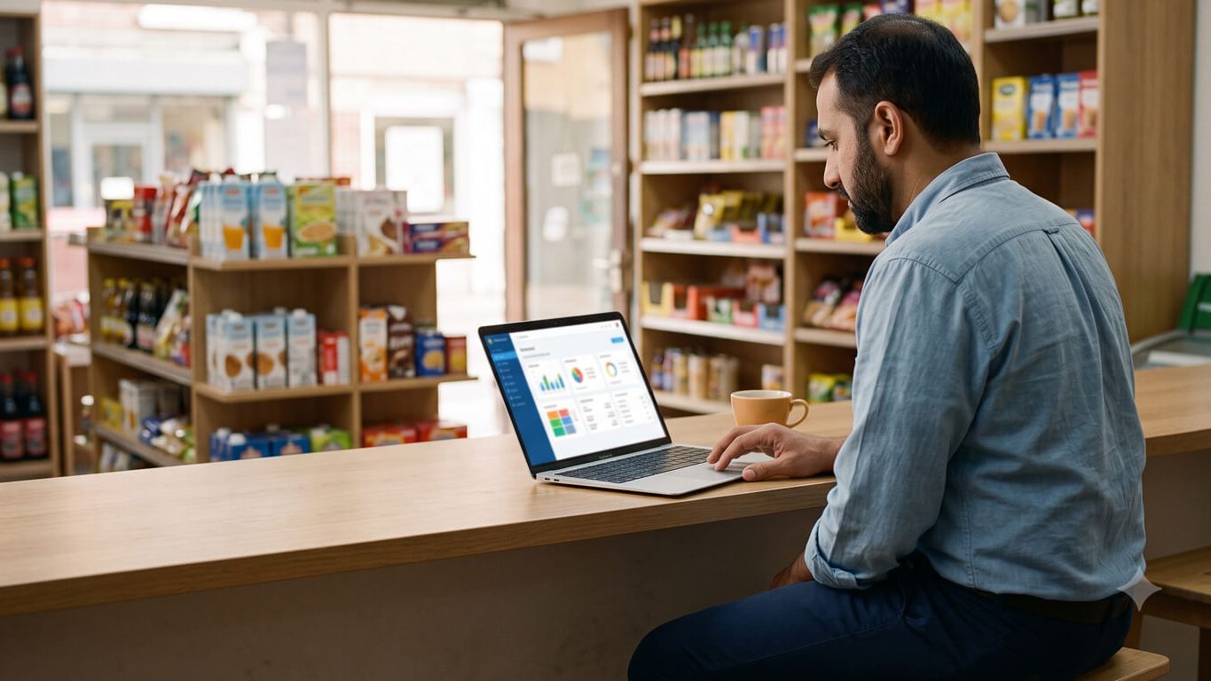 Small business owner reviewing accounts on a computer in Pakistan