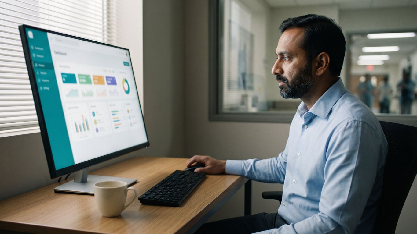 Hospital administrator evaluating management software pricing