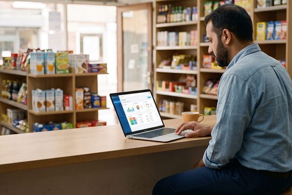 Small business owner reviewing accounts on a computer in Pakistan