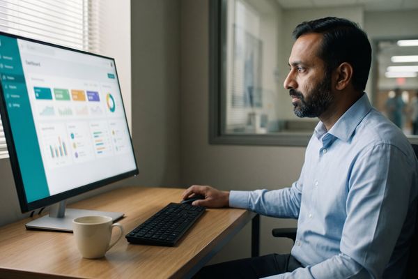 Hospital administrator evaluating management software pricing