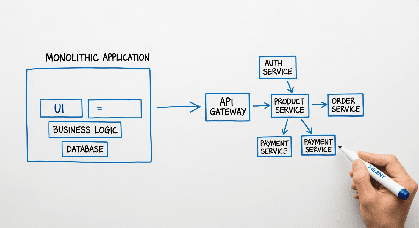 Microservices architecture diagram showing services connected through an API Gateway