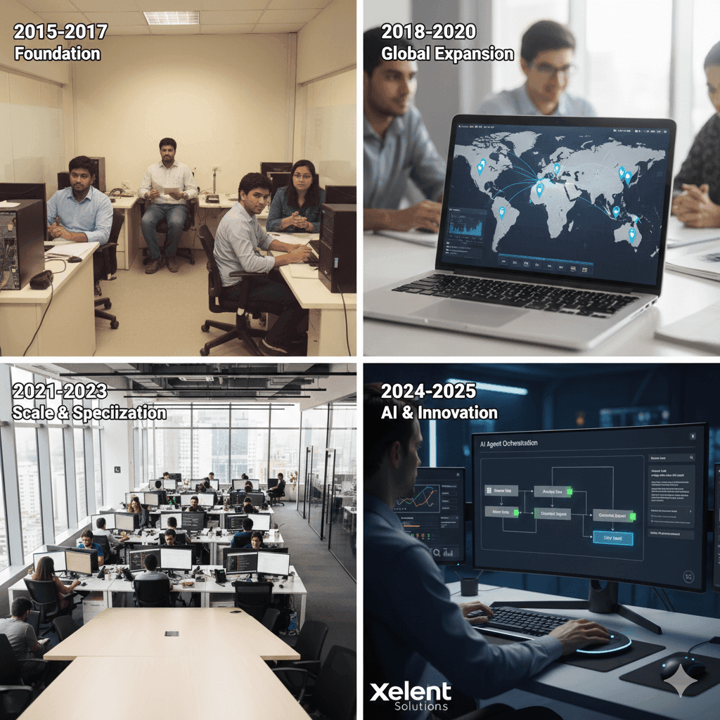 Xelent Solutions decade timeline from foundation in 2015 to AI innovation in 2025